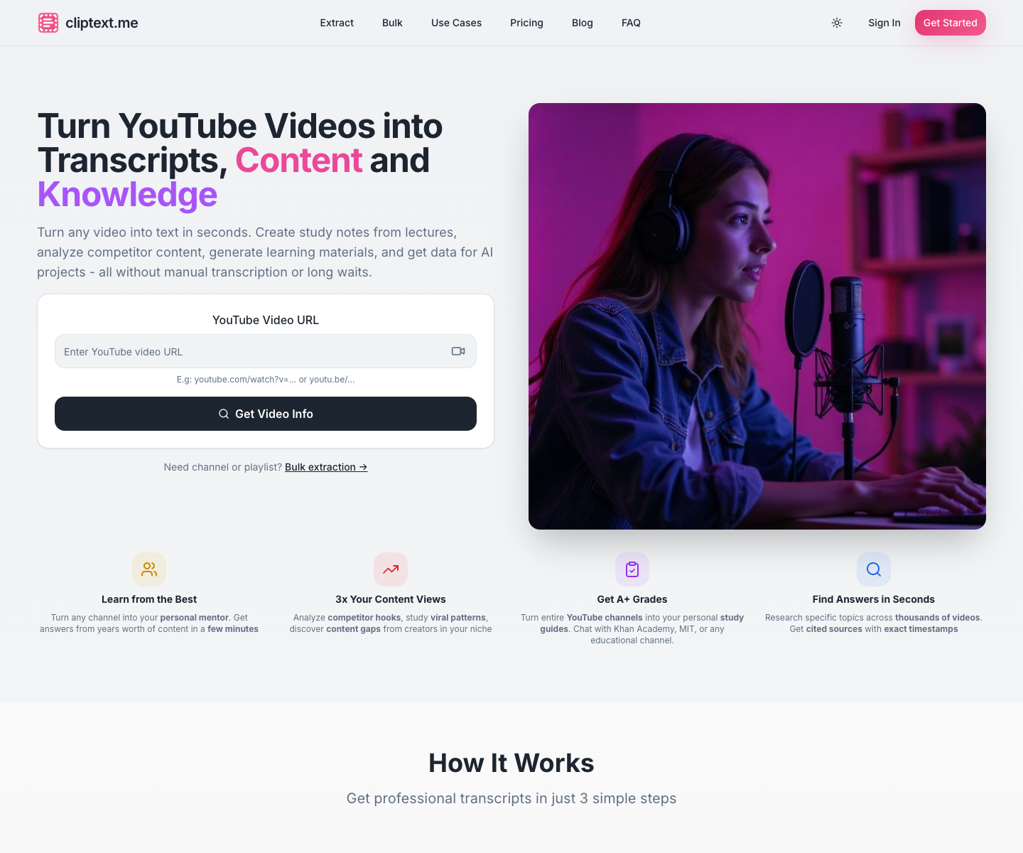 Cliptext.me - Turn video and audio into clean, ready-to-use text in seconds landing page screenshot