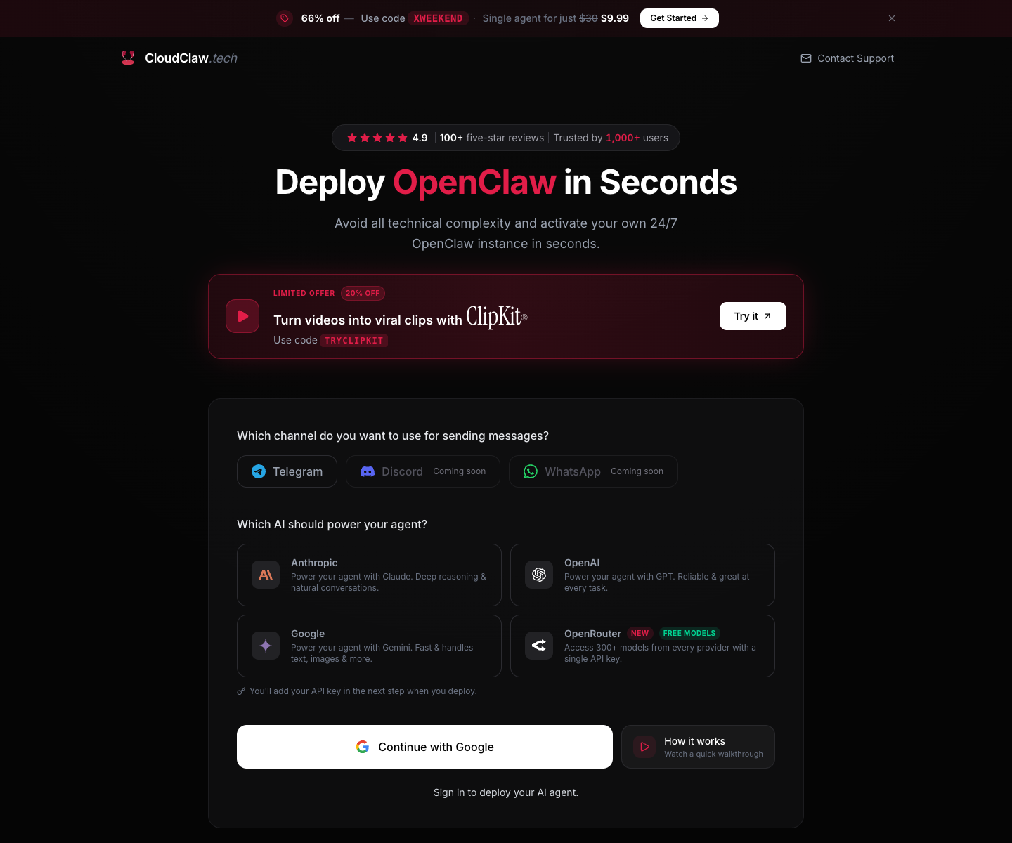 CloudClaw landing page screenshot
