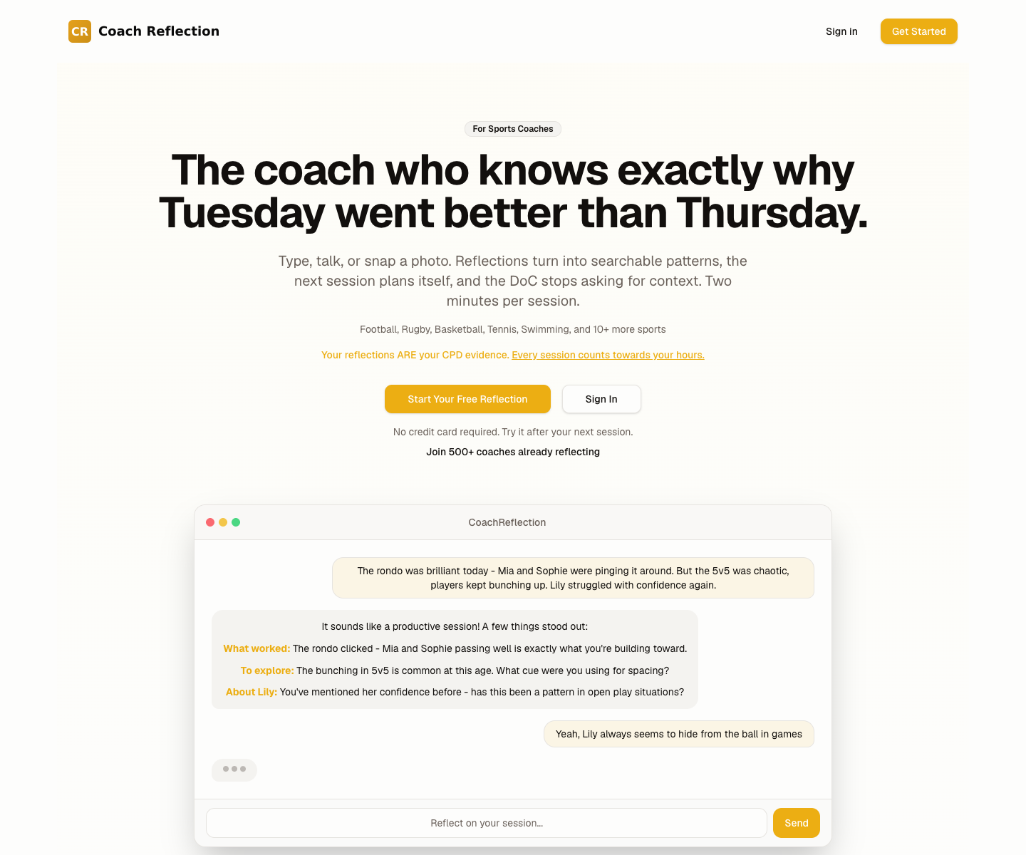CoachReflection landing page screenshot
