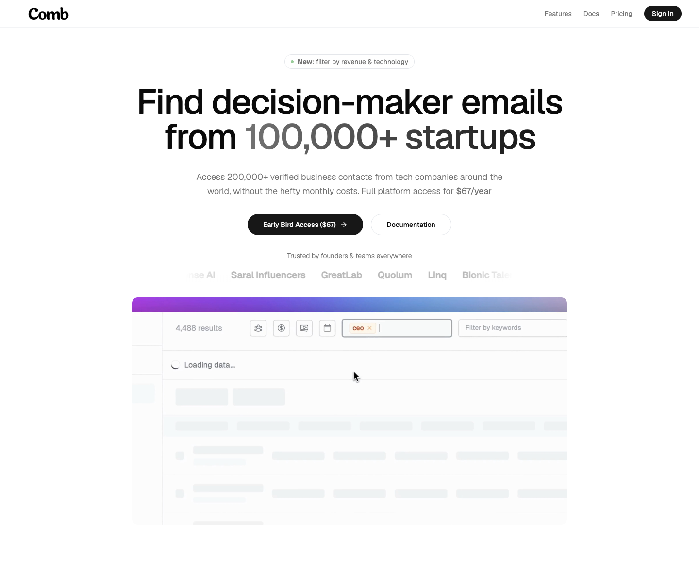 Comb landing page screenshot