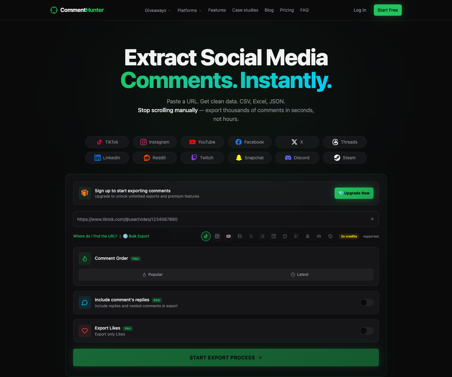 CommentHunter.click - Extract Social Media Comments landing page screenshot