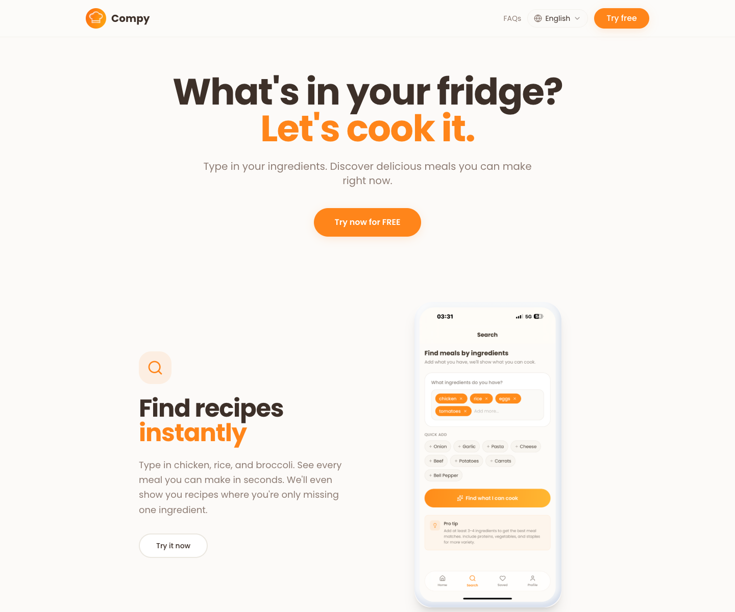 Compy - Kitchen Companion landing page screenshot