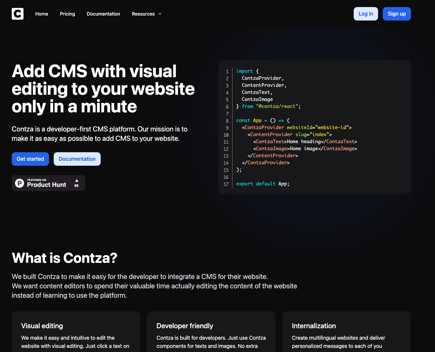 Contza landing page screenshot