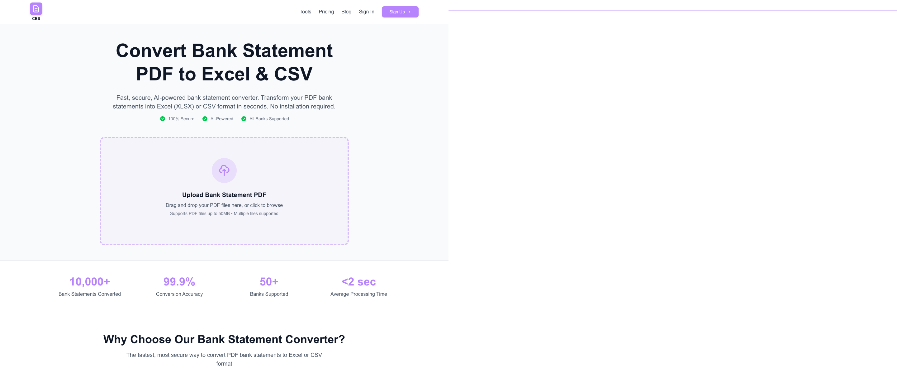 Convert Bank Statement landing page screenshot