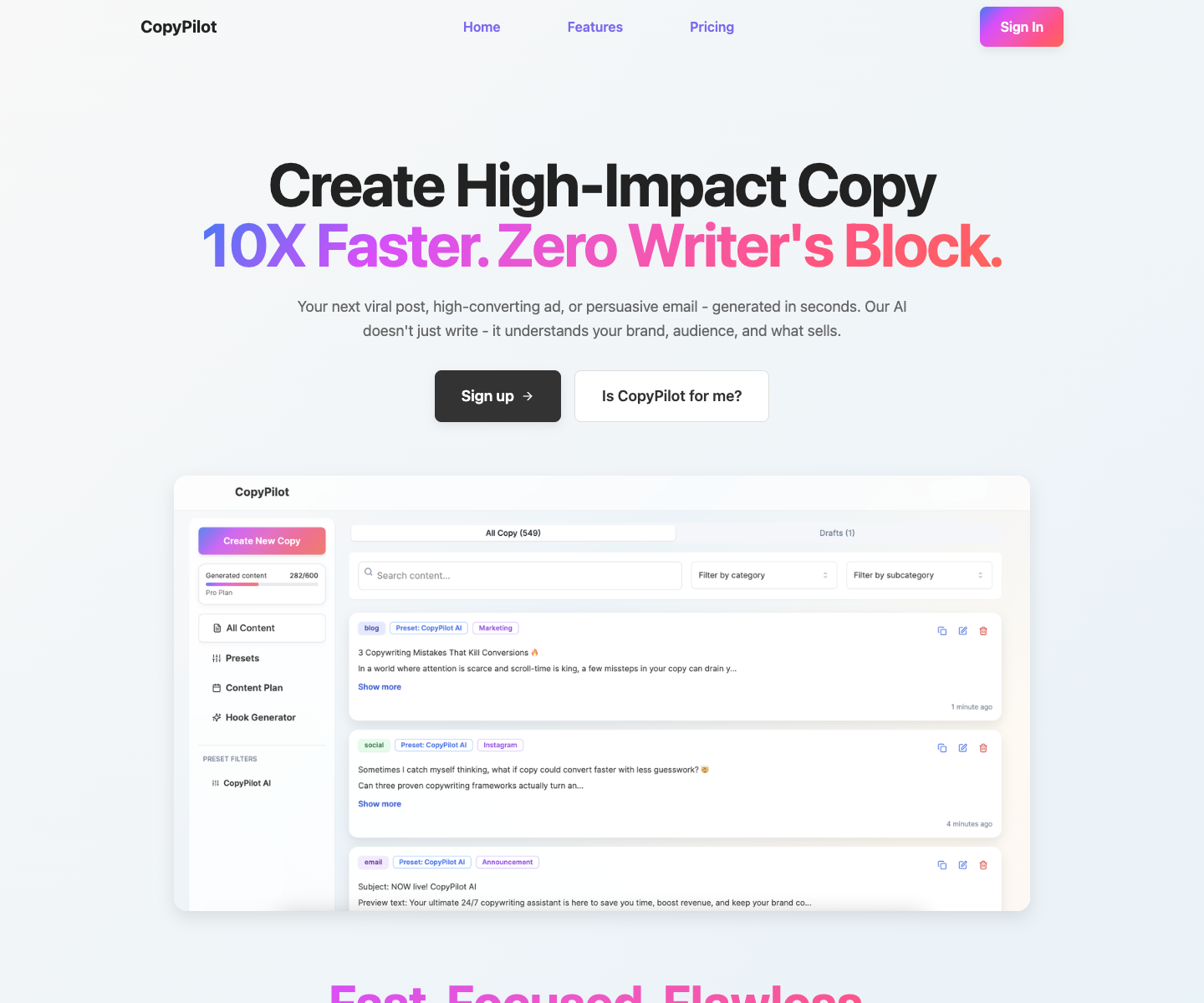 CopyPilot AI landing page screenshot