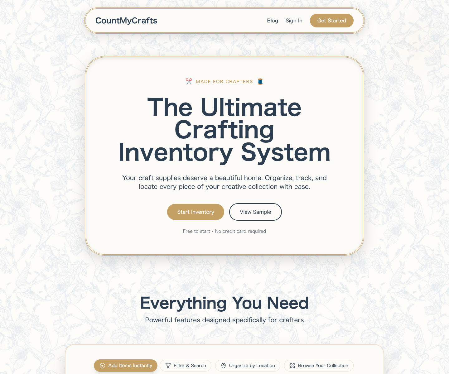 Count My Crafts landing page screenshot