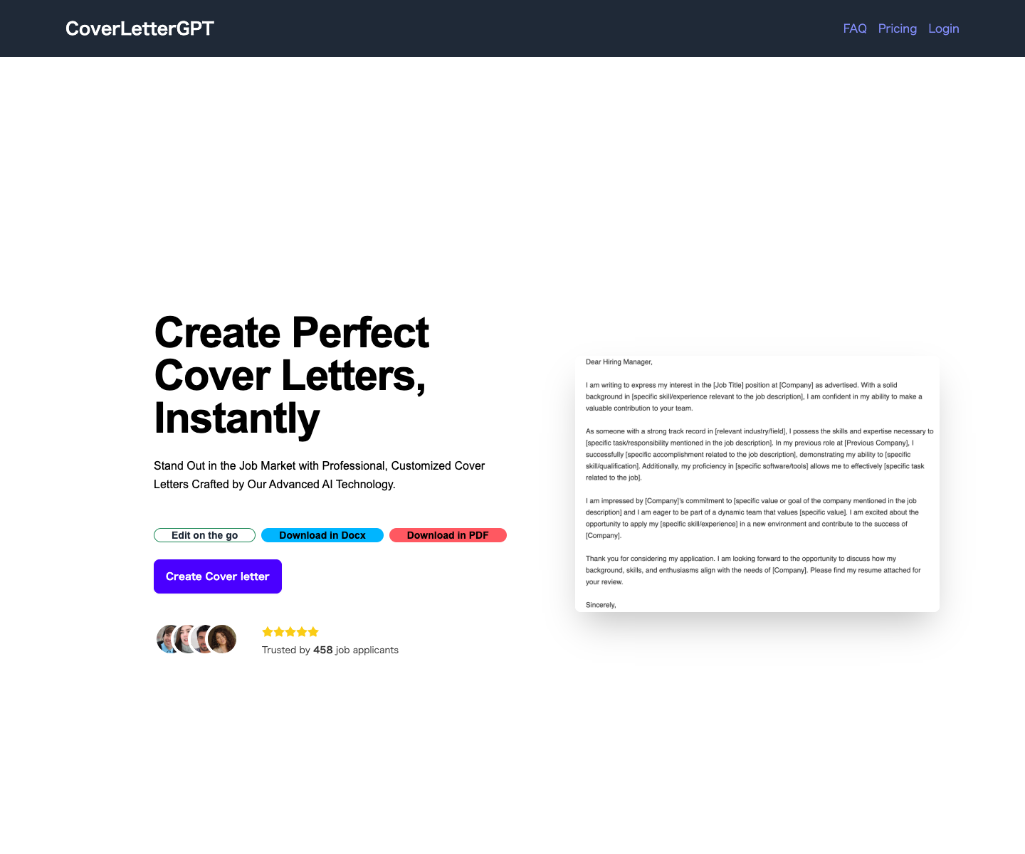 Coverletter-gpt landing page screenshot