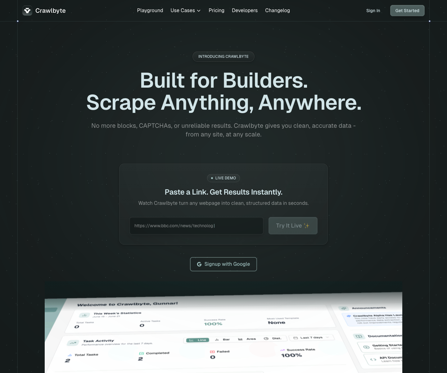 Crawlbyte landing page screenshot