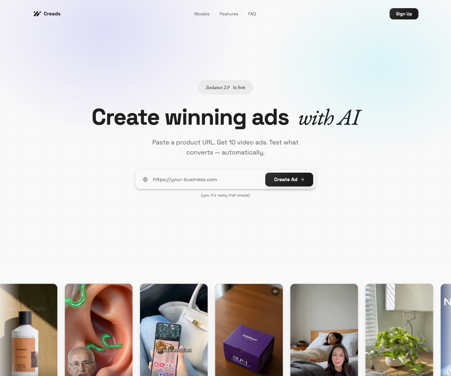 creads landing page screenshot