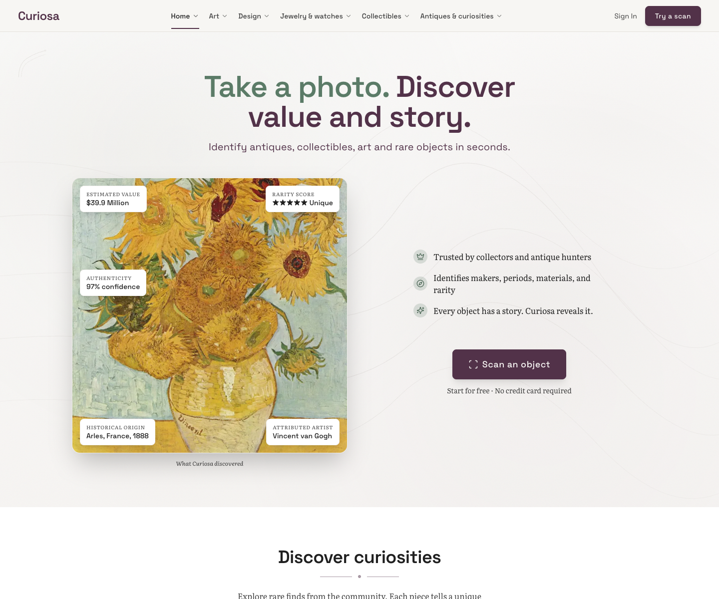 Curiosa.com landing page screenshot