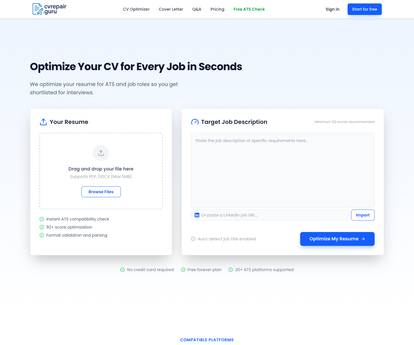 CV Repair Guru landing page screenshot