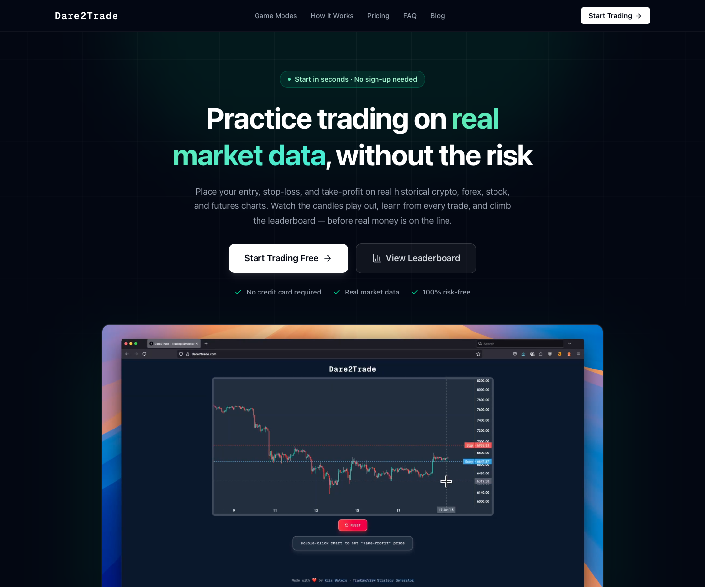 Dare2Trade - Practice Trading Simulator landing page screenshot