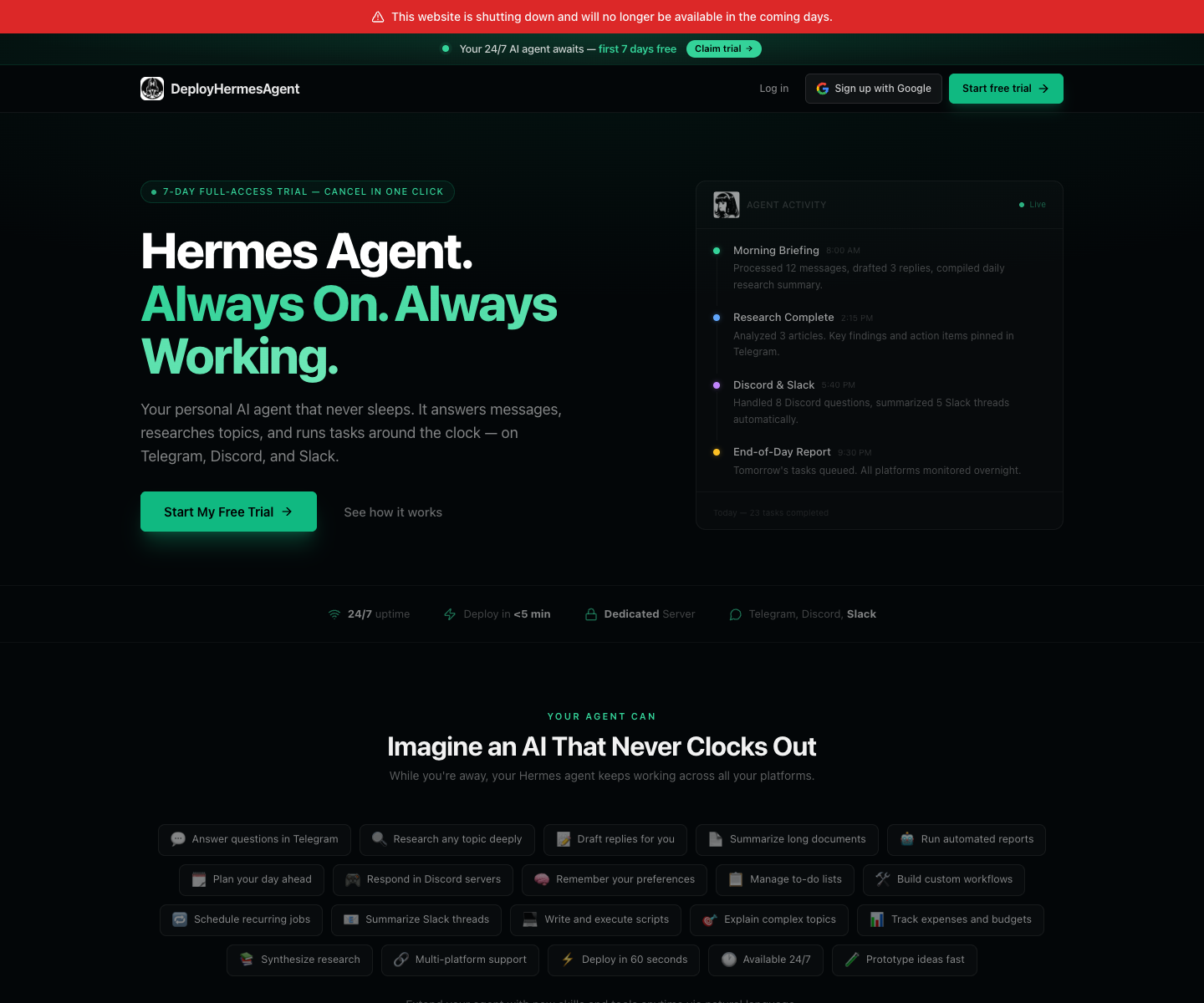 DeployHermesAgent landing page screenshot
