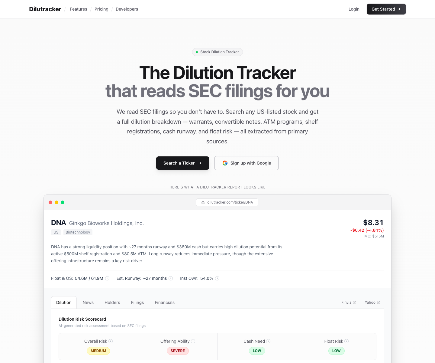 Dilutracker landing page screenshot