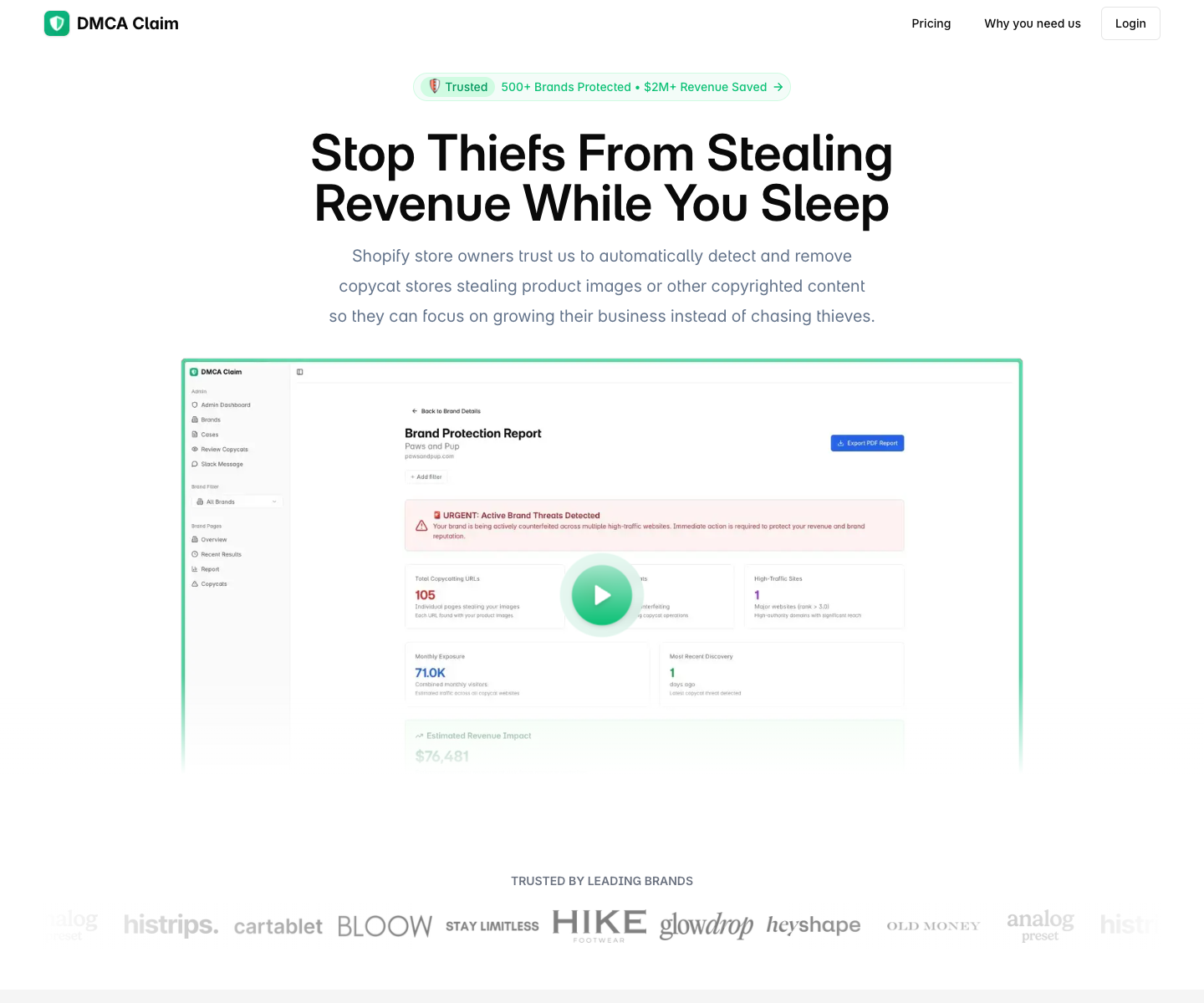 DMCA Claim landing page screenshot