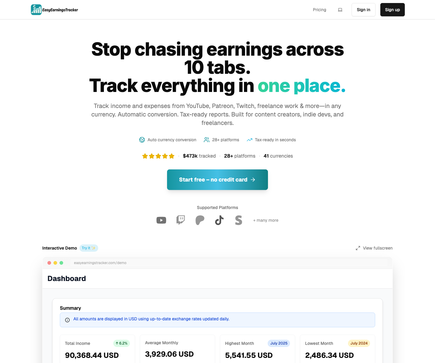 Easy Earnings Tracker landing page screenshot
