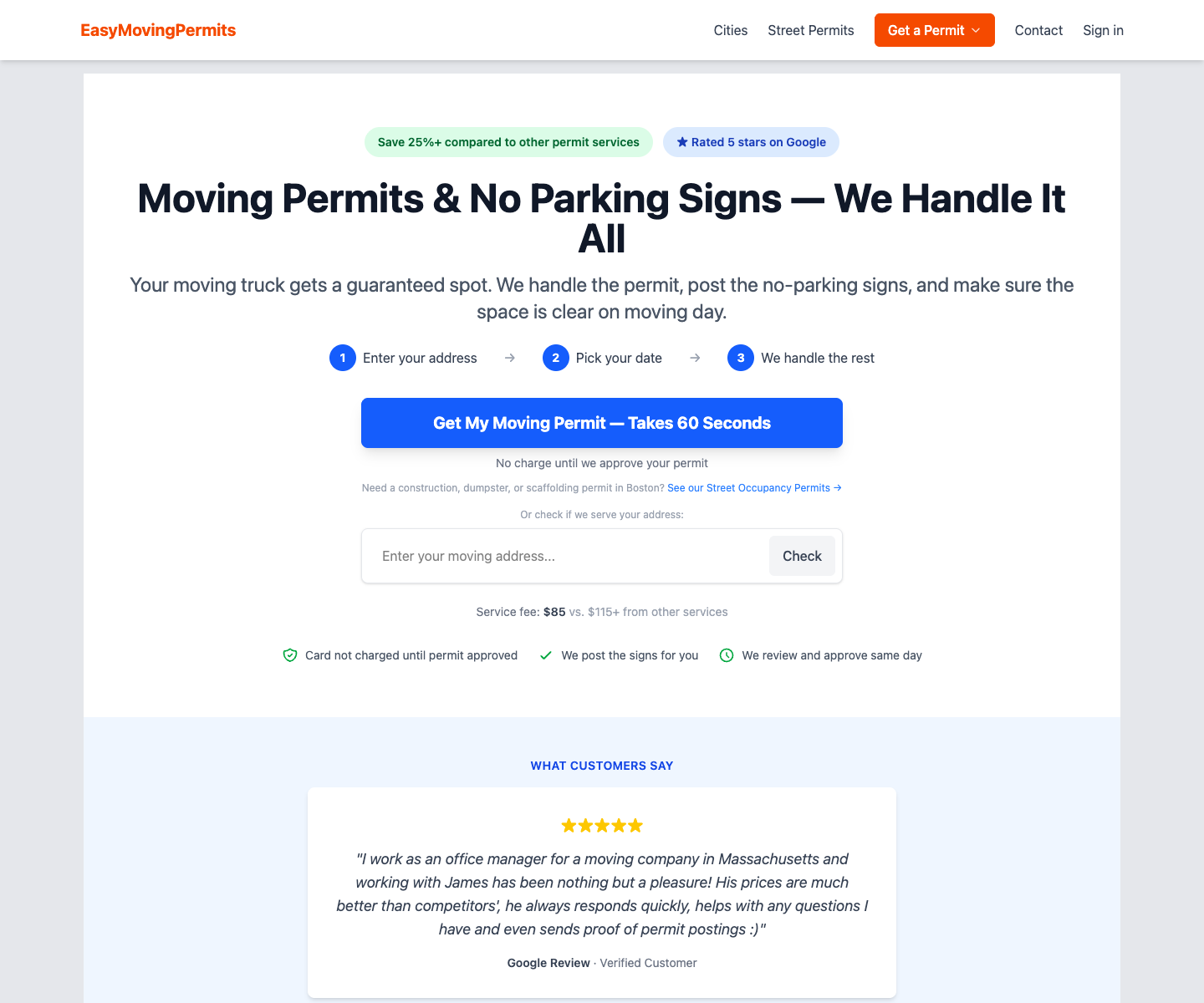 Easy Moving Permits landing page screenshot