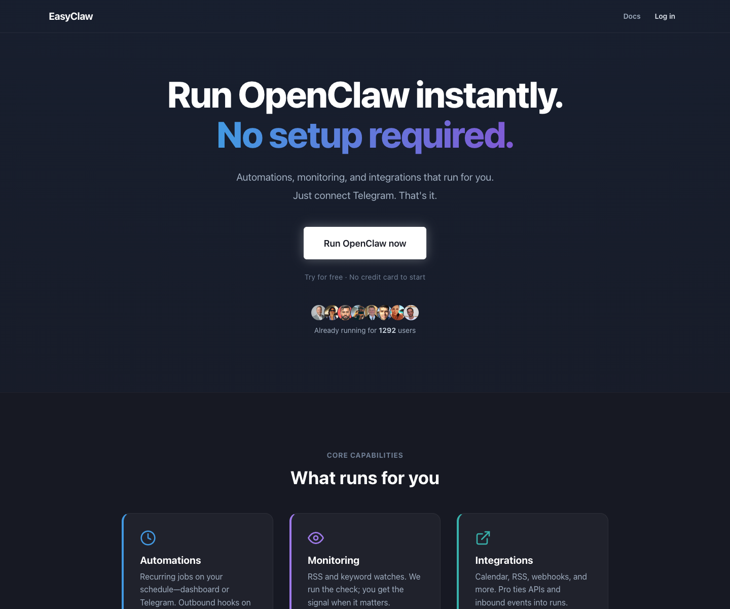 EasyClaw landing page screenshot