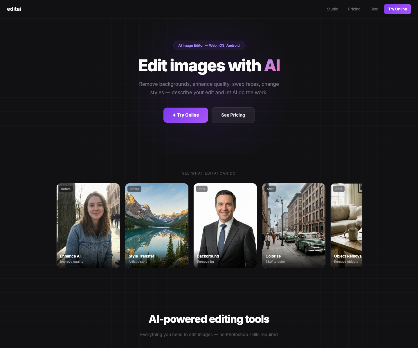 EditAI landing page screenshot