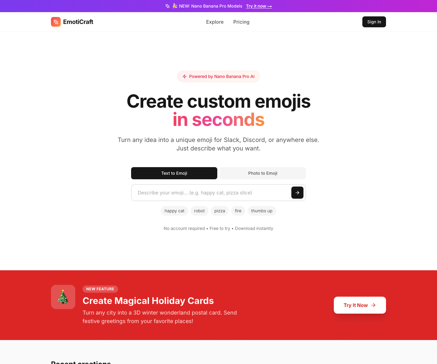 Emoticraft landing page screenshot