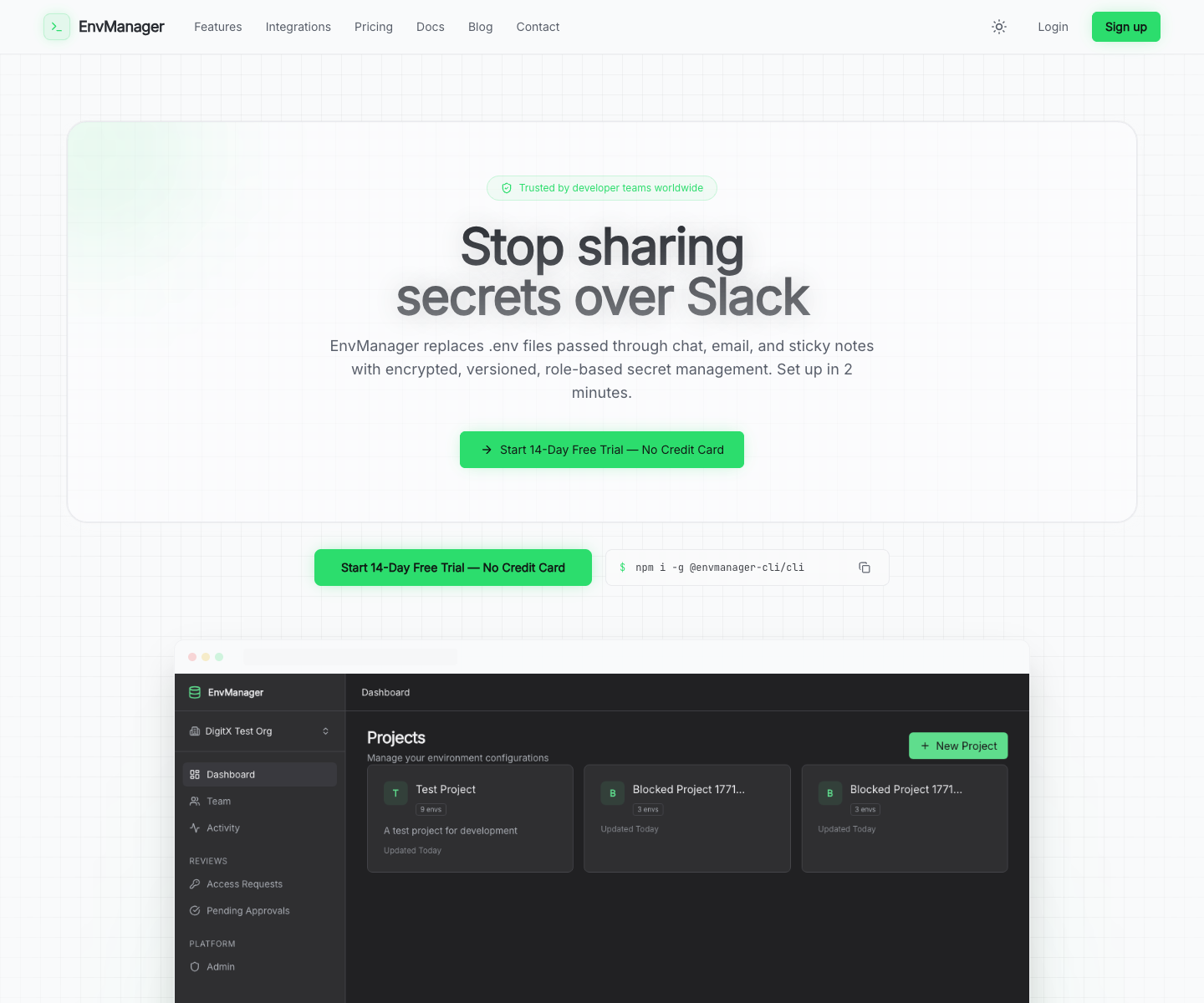 Envmanager landing page screenshot