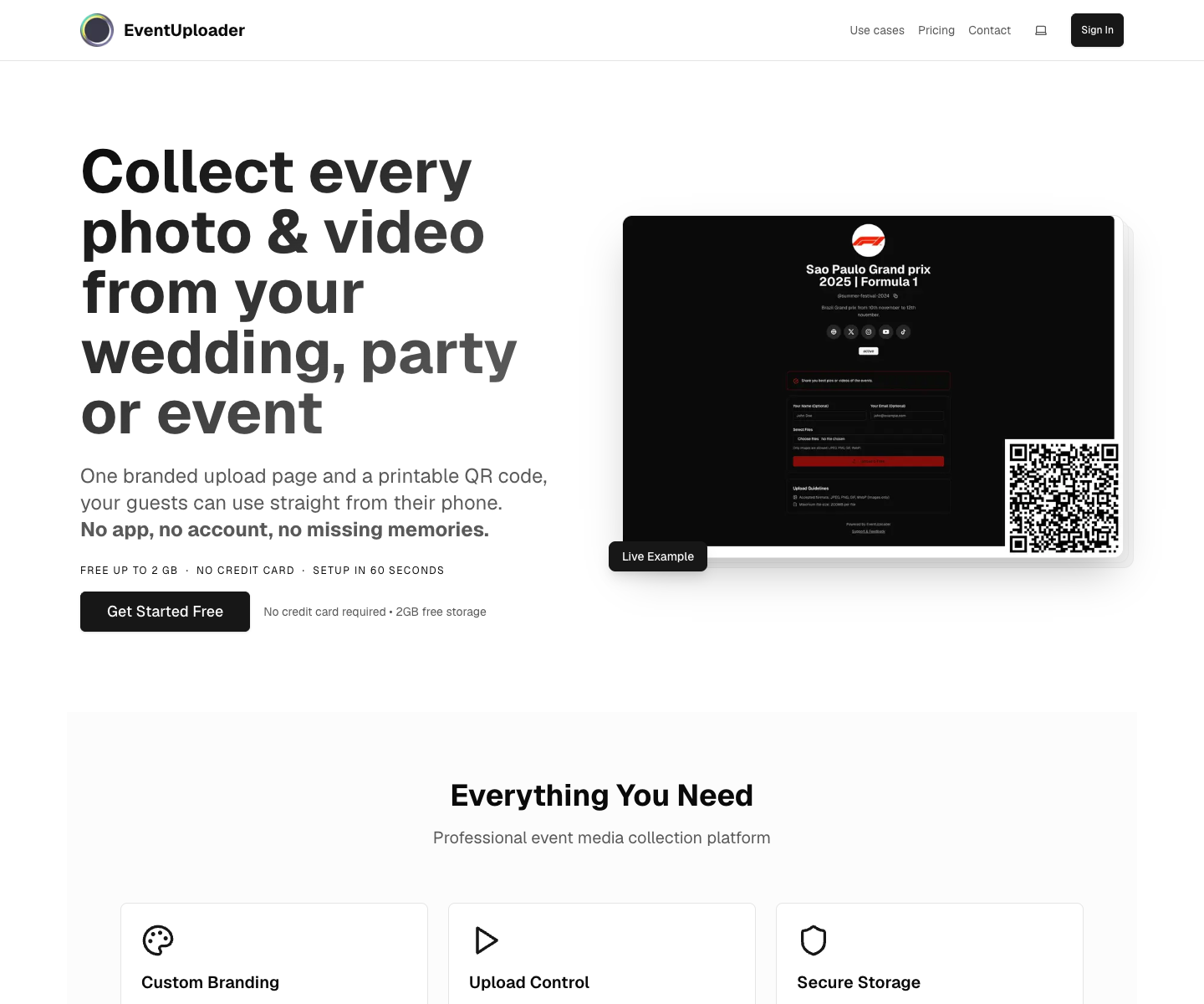 Event Uploader landing page screenshot
