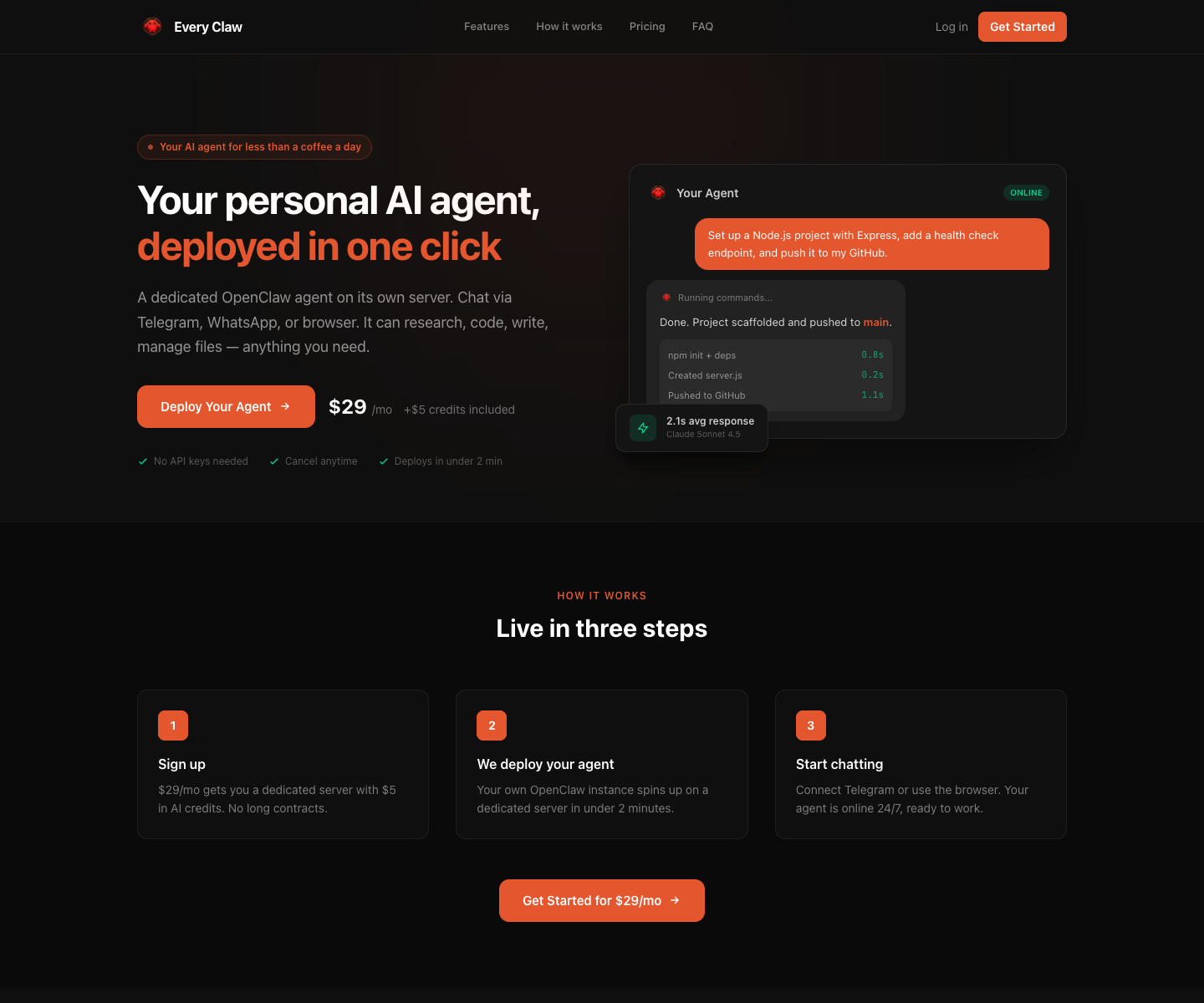 EveryClaw.ai landing page screenshot