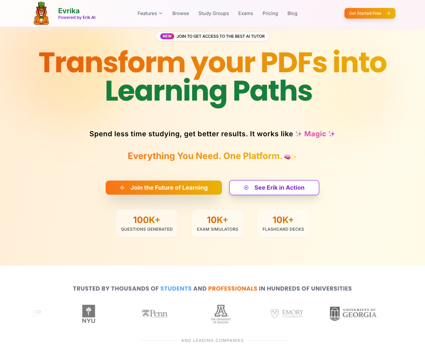 Evrika Study landing page screenshot