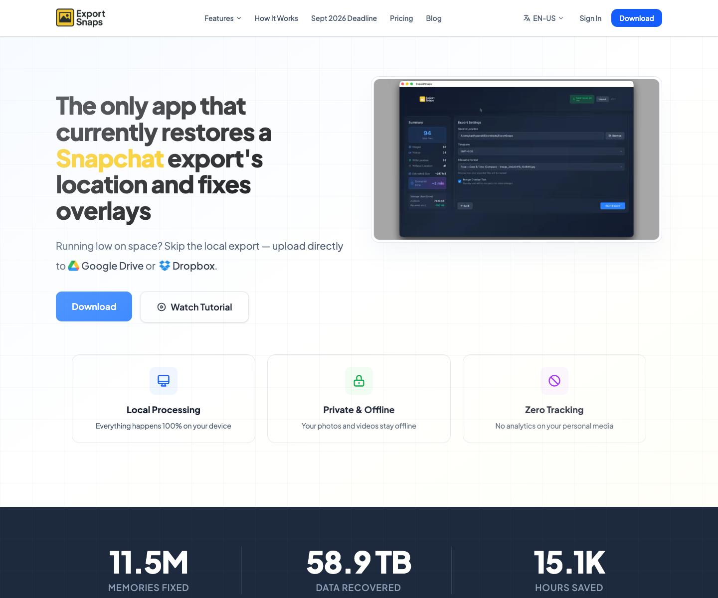 Export Snaps landing page screenshot