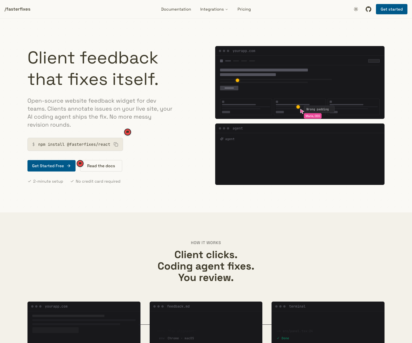 FasterFixes landing page screenshot