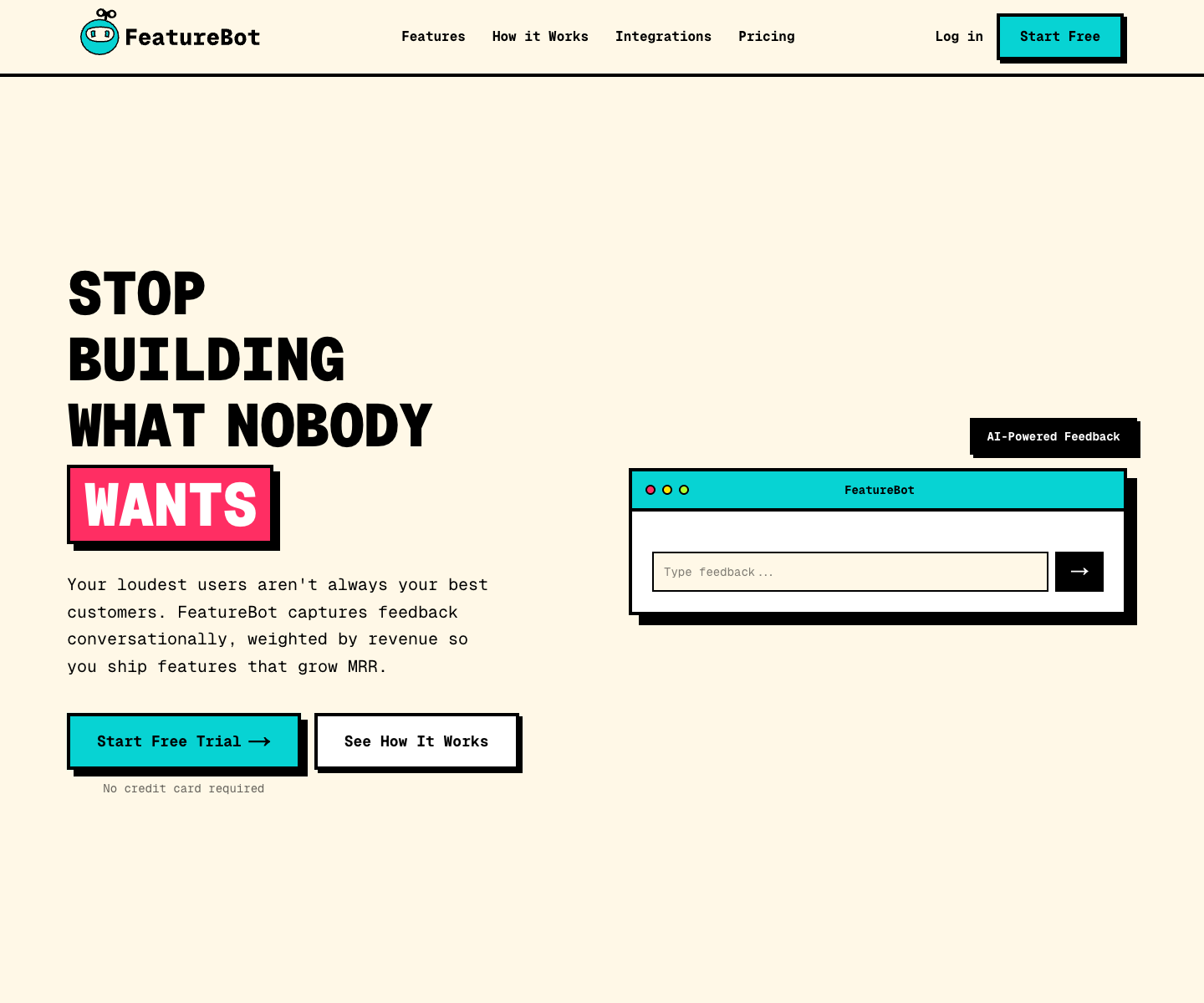 FeatureBot landing page screenshot