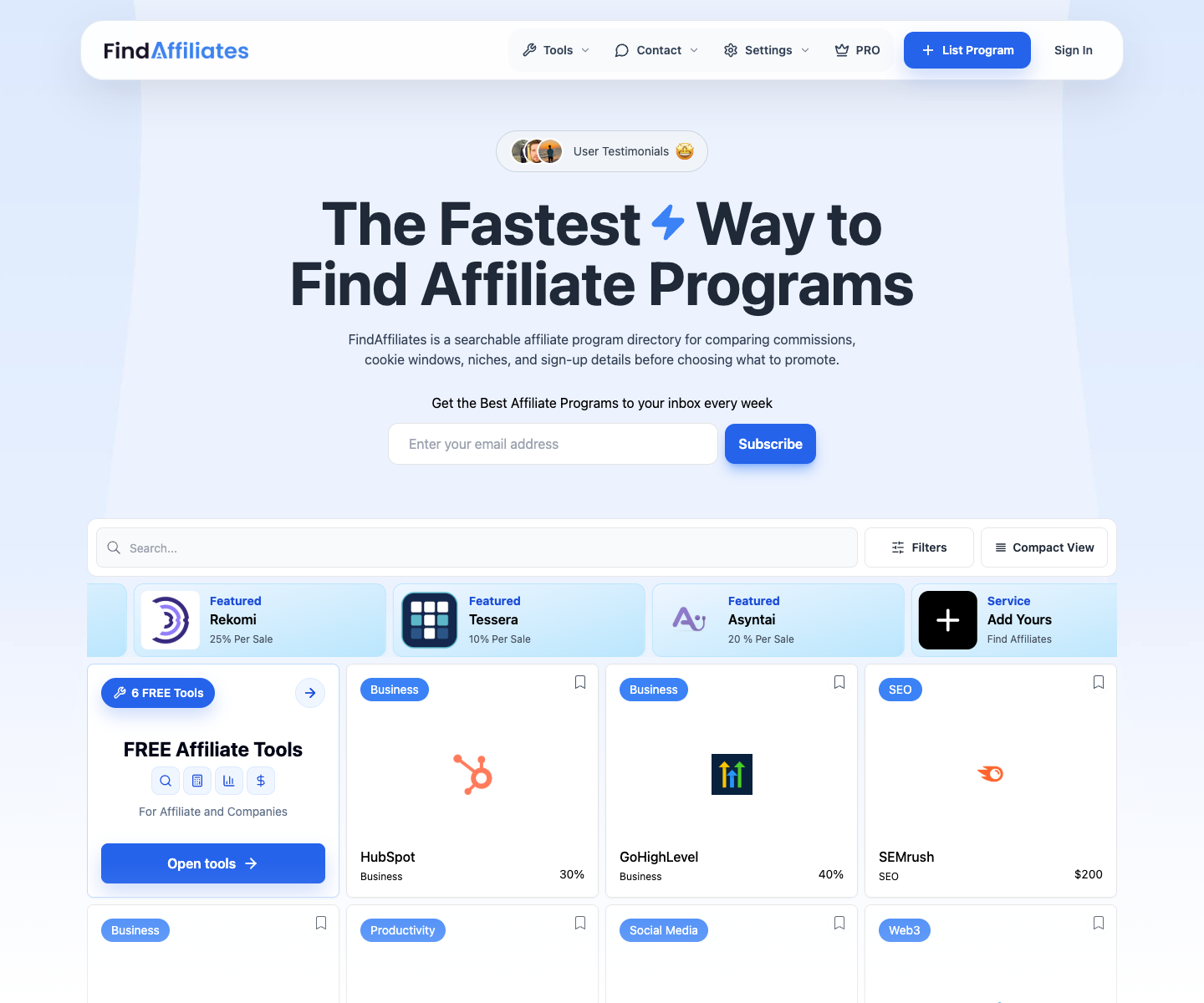 FindAffiliates landing page screenshot