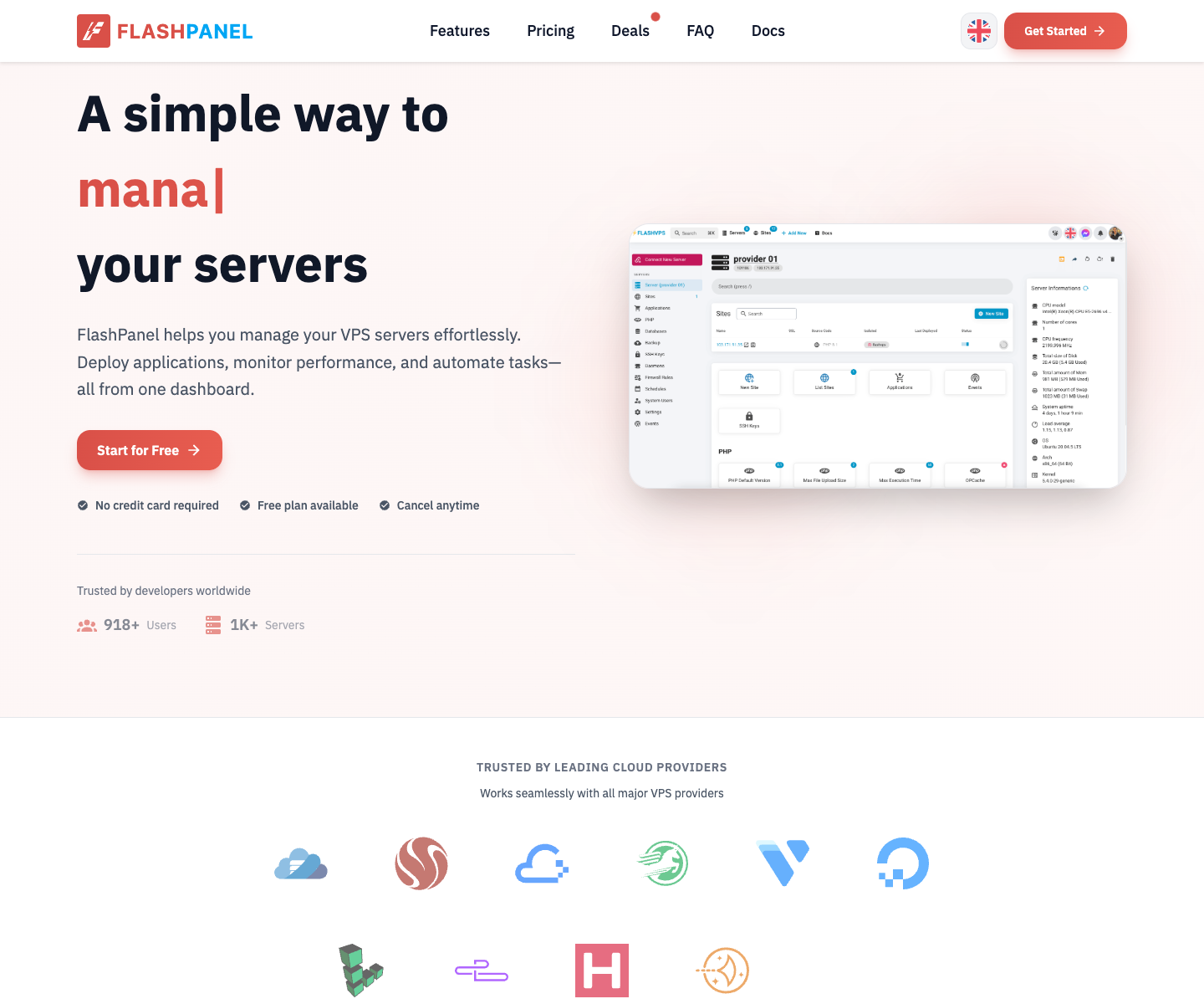 FlashPanel landing page screenshot