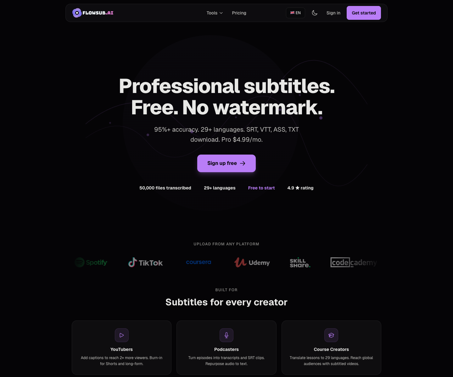 flowsub.ai landing page screenshot