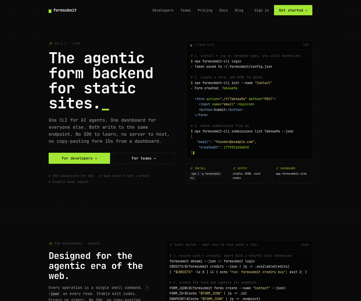 Formsubmit landing page screenshot