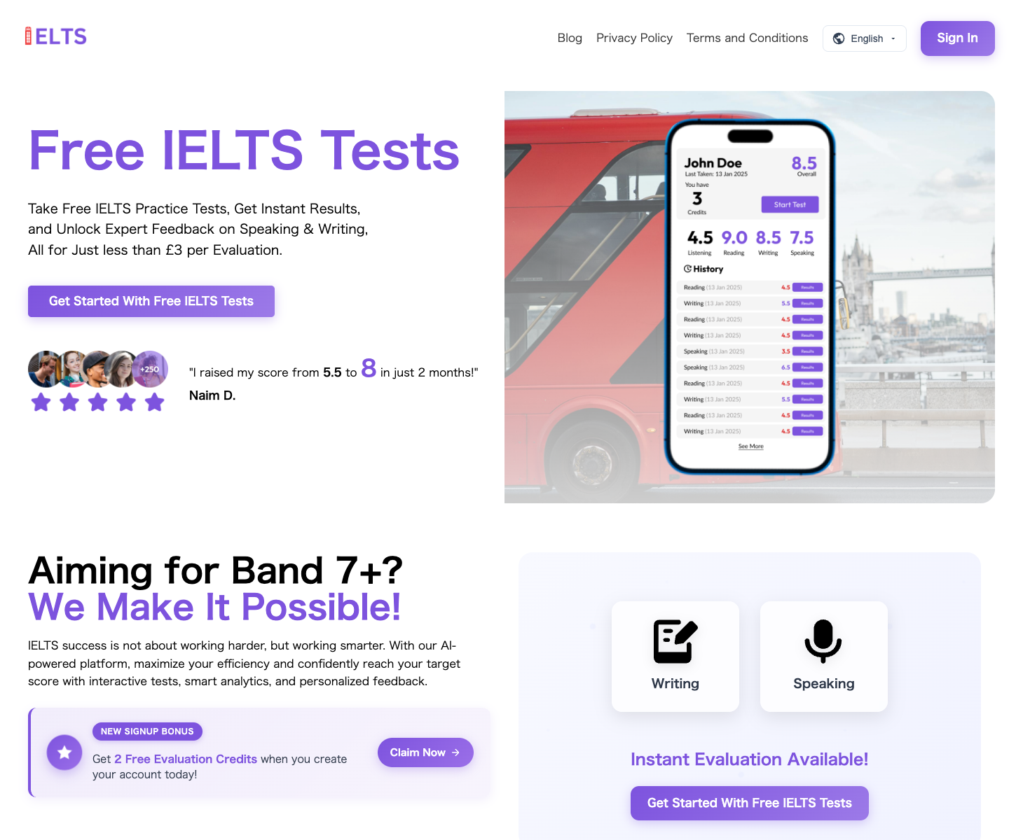 FreeIELTSTests.com landing page screenshot