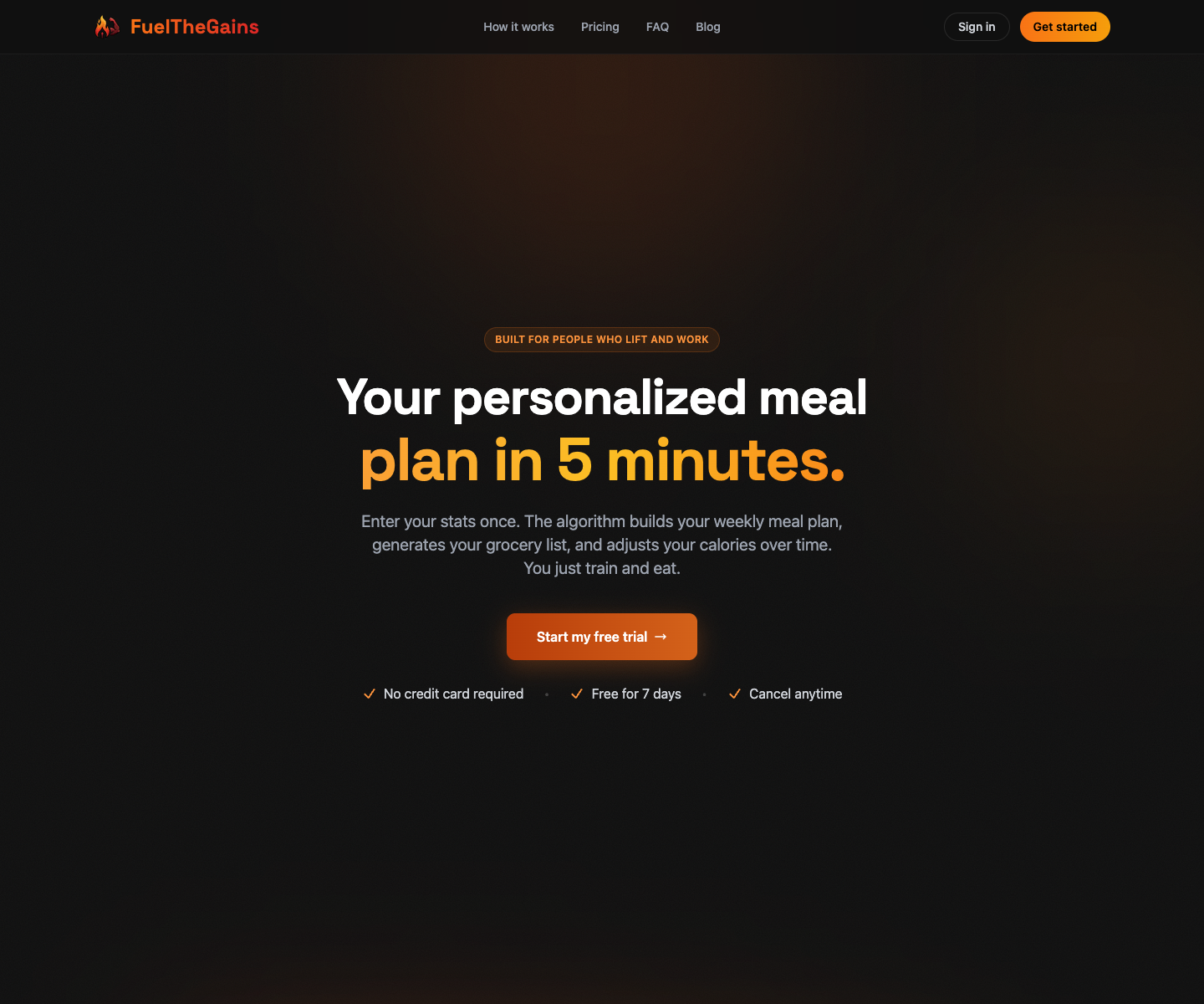 FuelTheGains landing page screenshot