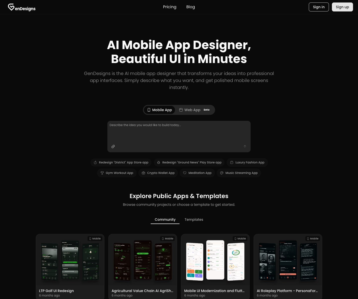 GenDesigns landing page screenshot
