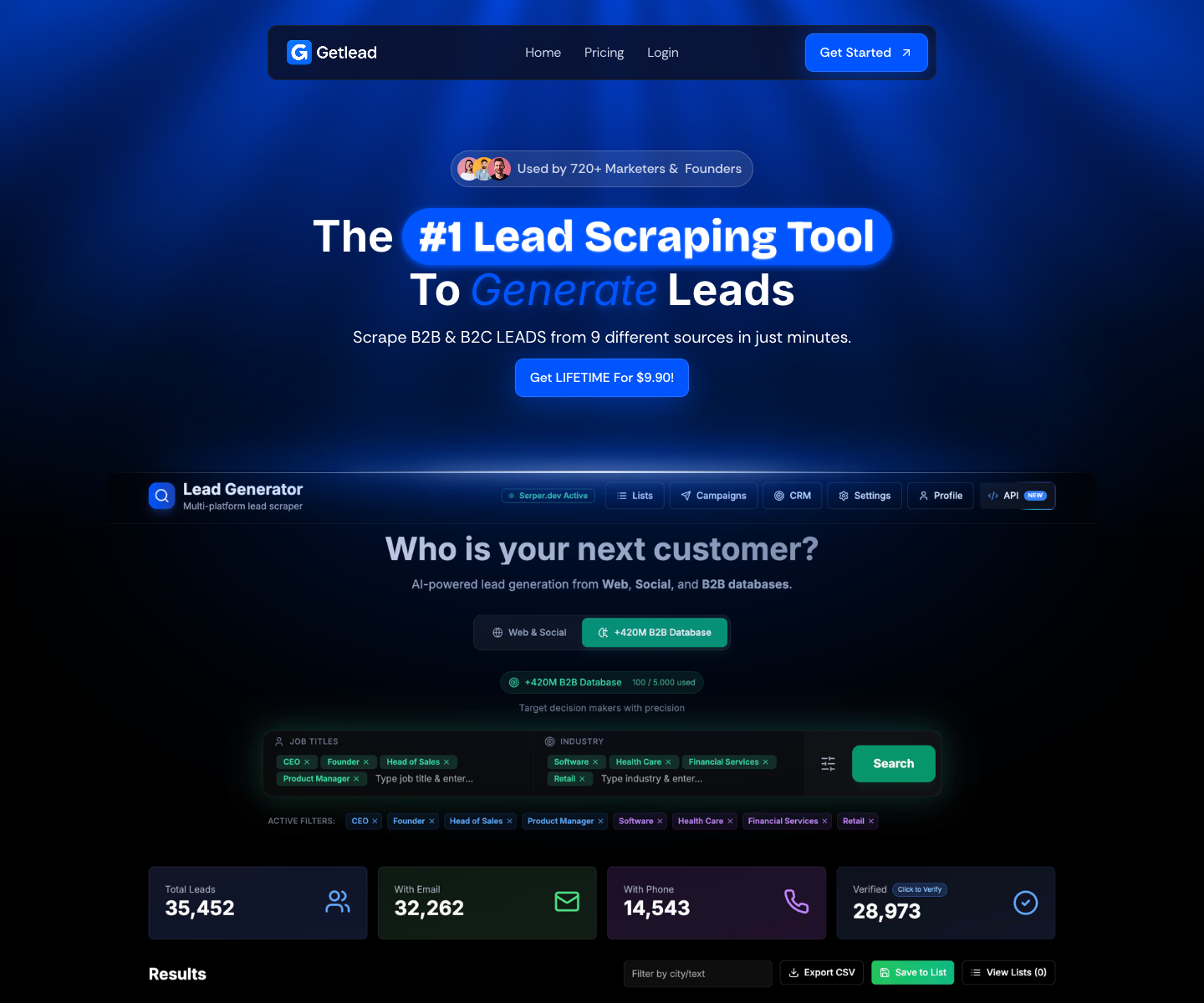 Getlead landing page screenshot