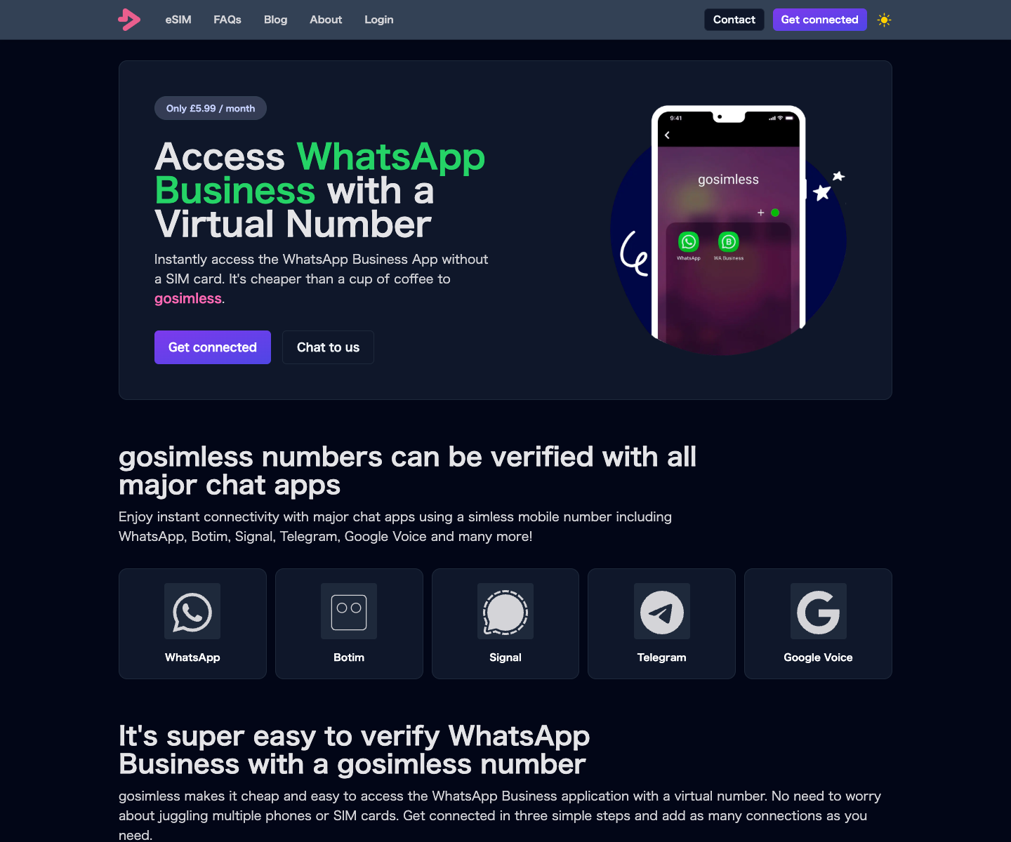 gosimless landing page screenshot