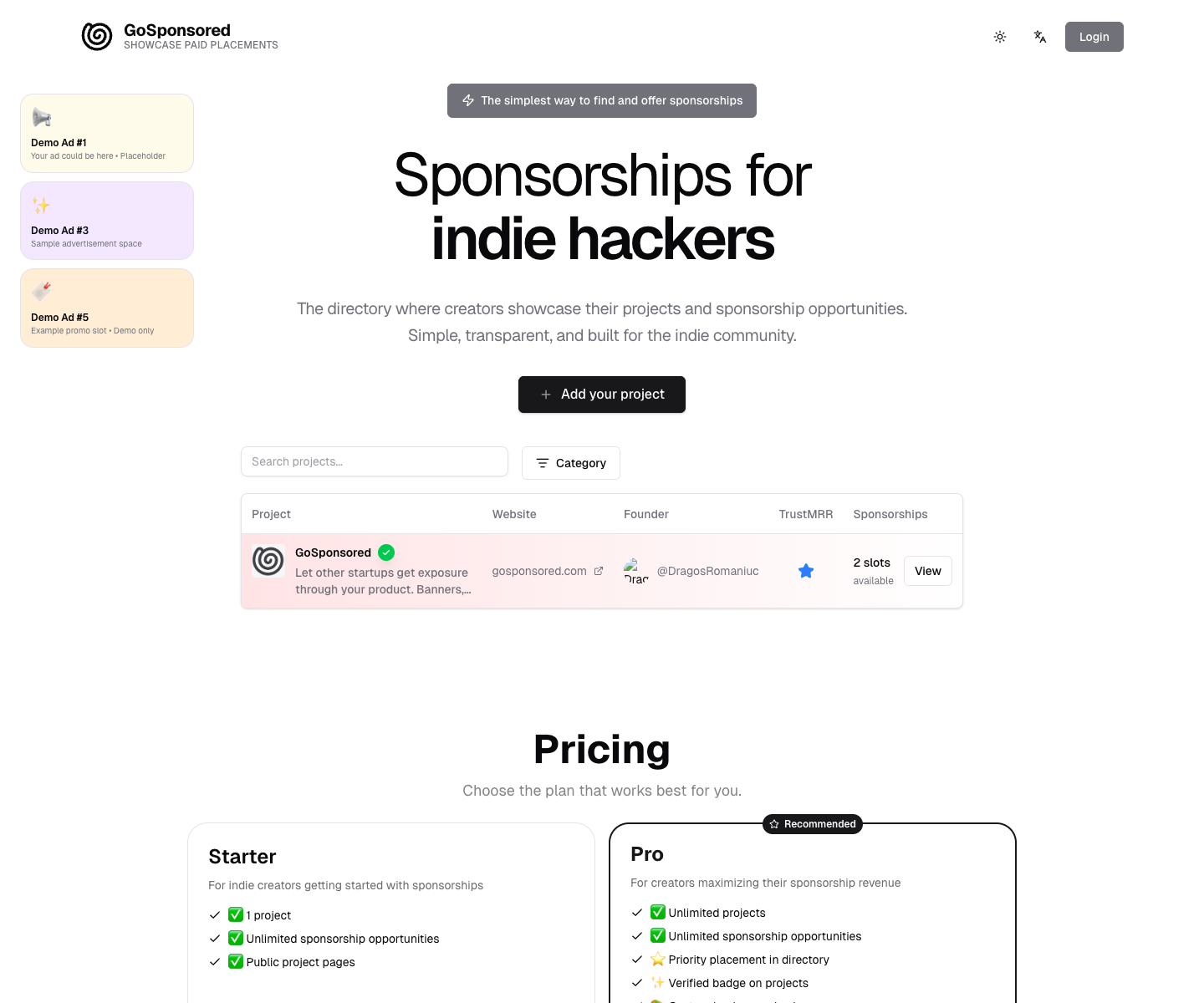 GoSponsored landing page screenshot