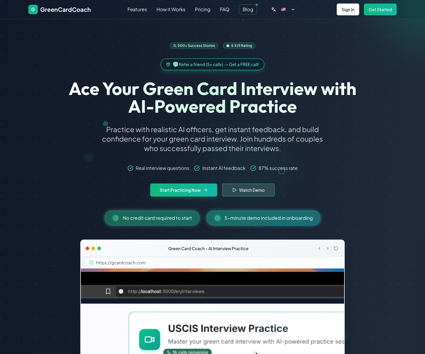 GreenCardCoach landing page screenshot