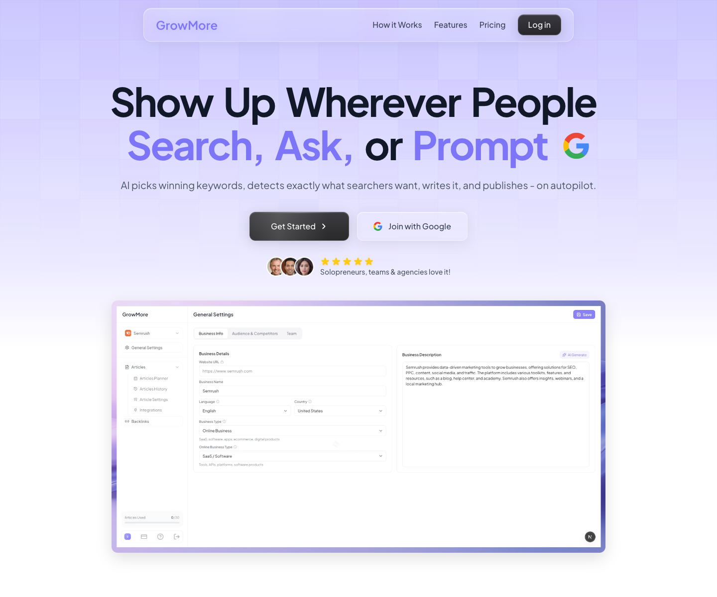 GrowMore landing page screenshot