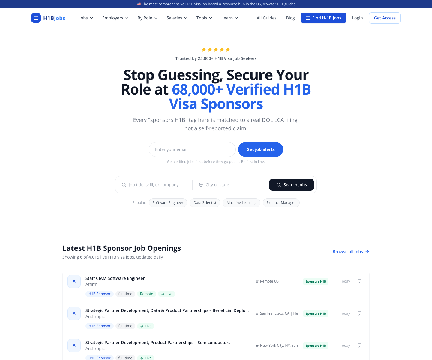 H1BVisajobs.com landing page screenshot