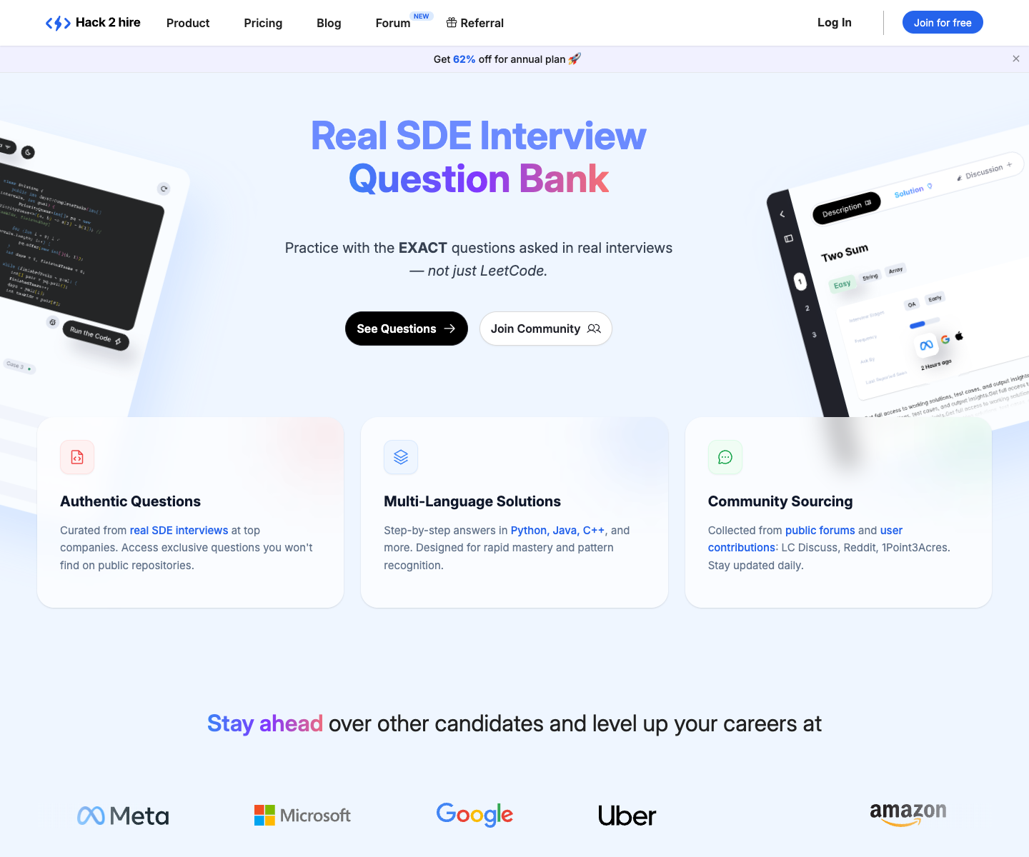 Hack2hire landing page screenshot