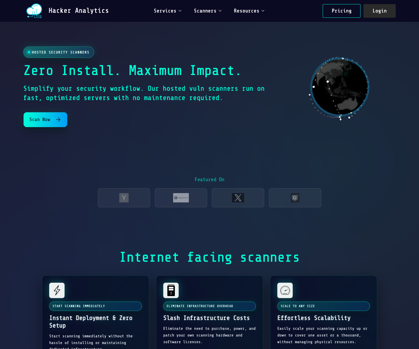 Hacker Analytics landing page screenshot