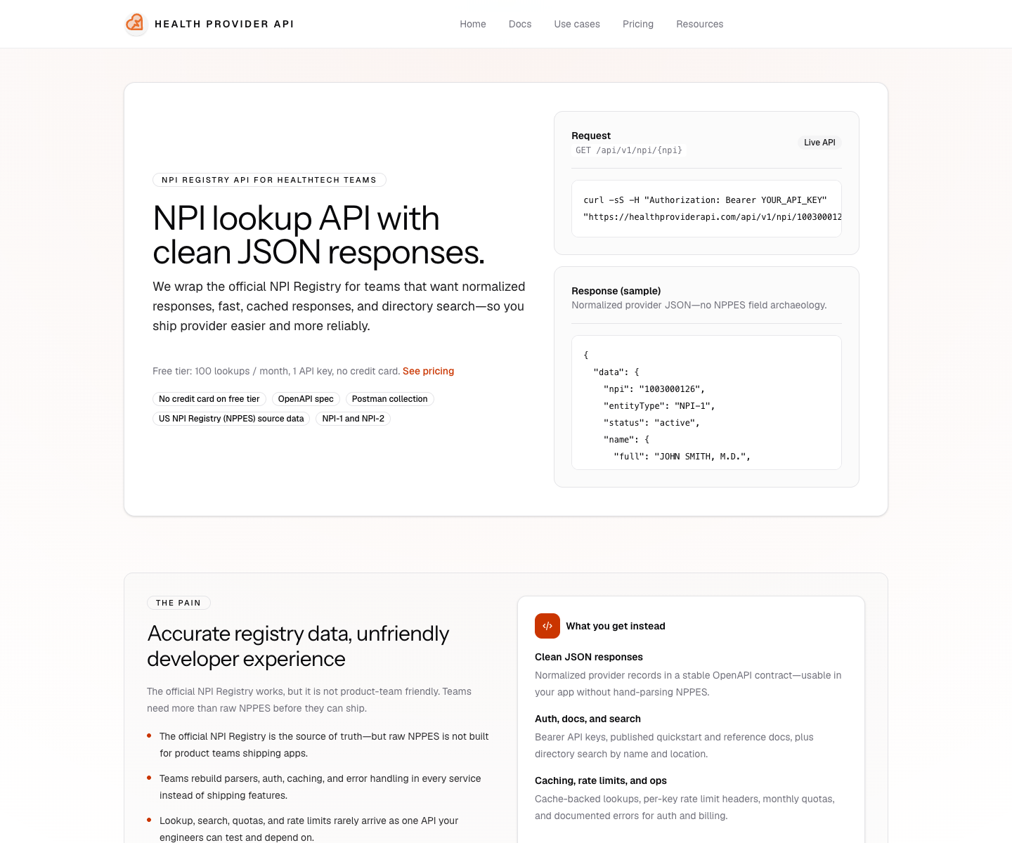 Health Provider API landing page screenshot