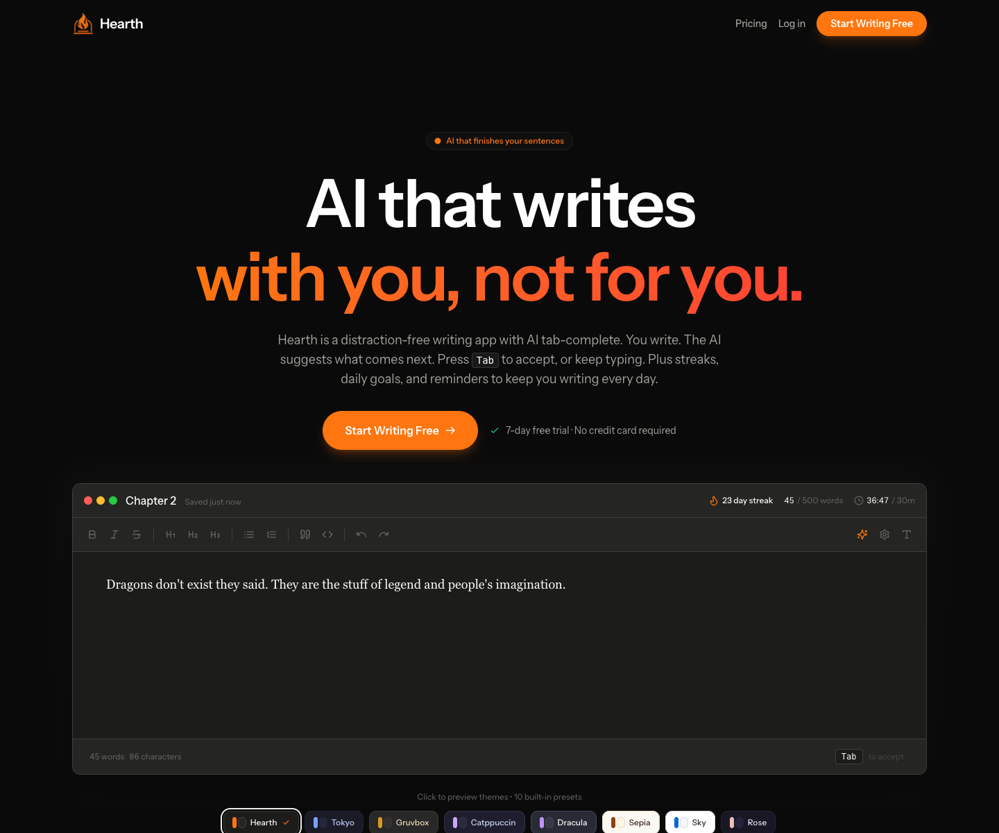 Hearth Write landing page screenshot