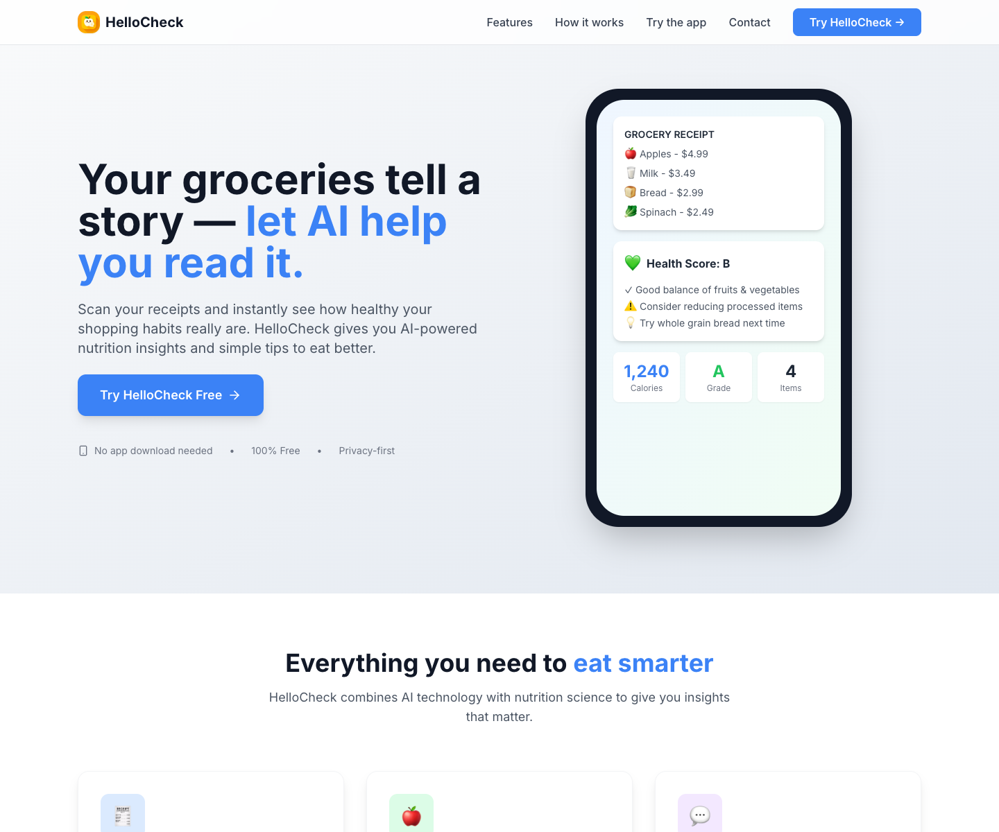 HelloCheck – AI Receipt Scanner landing page screenshot