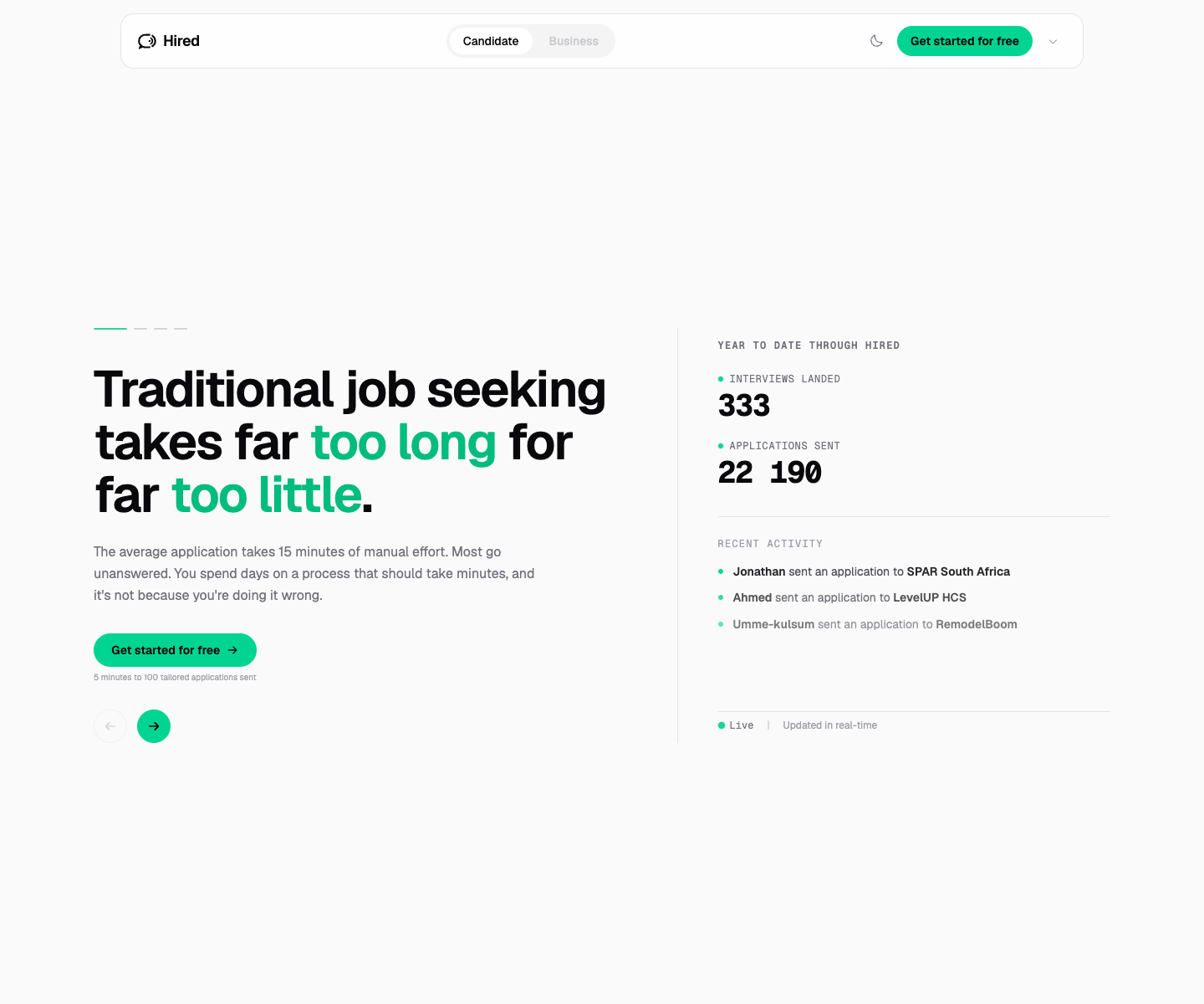 Hired landing page screenshot